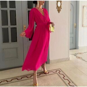 Zara Pleated Midi Dress NWT Hot Pink LS Fuschia, Size Small S Barbie Barbiecore